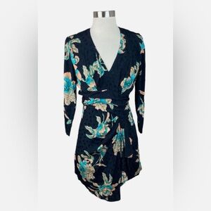 Sandro Paris Printed Wrap-Over Satin Mini Dress Black Blue Floral